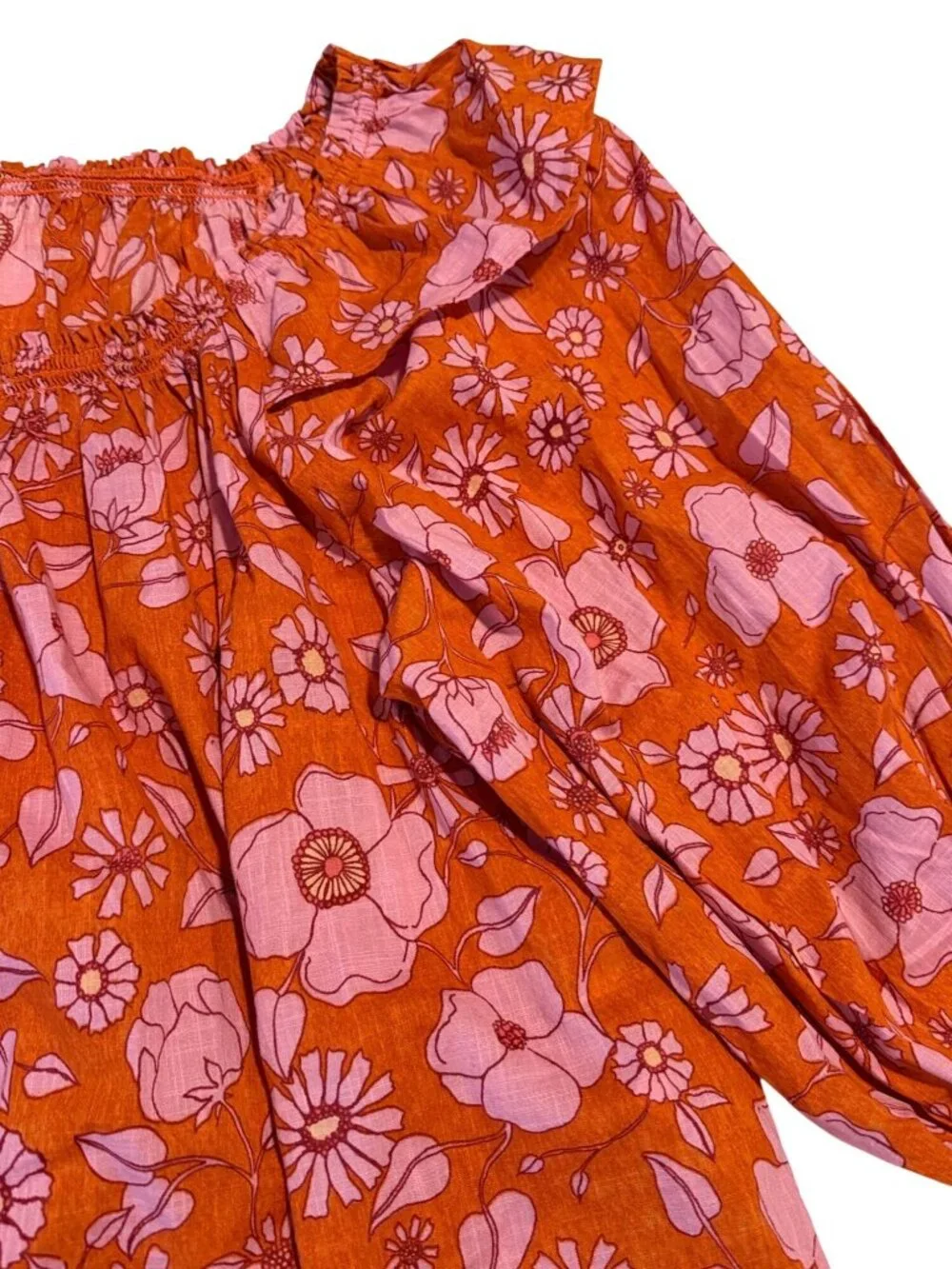 Free People Orange and Pink Floral Ruffle Off the Shoulder Flowy Cotton Top Size